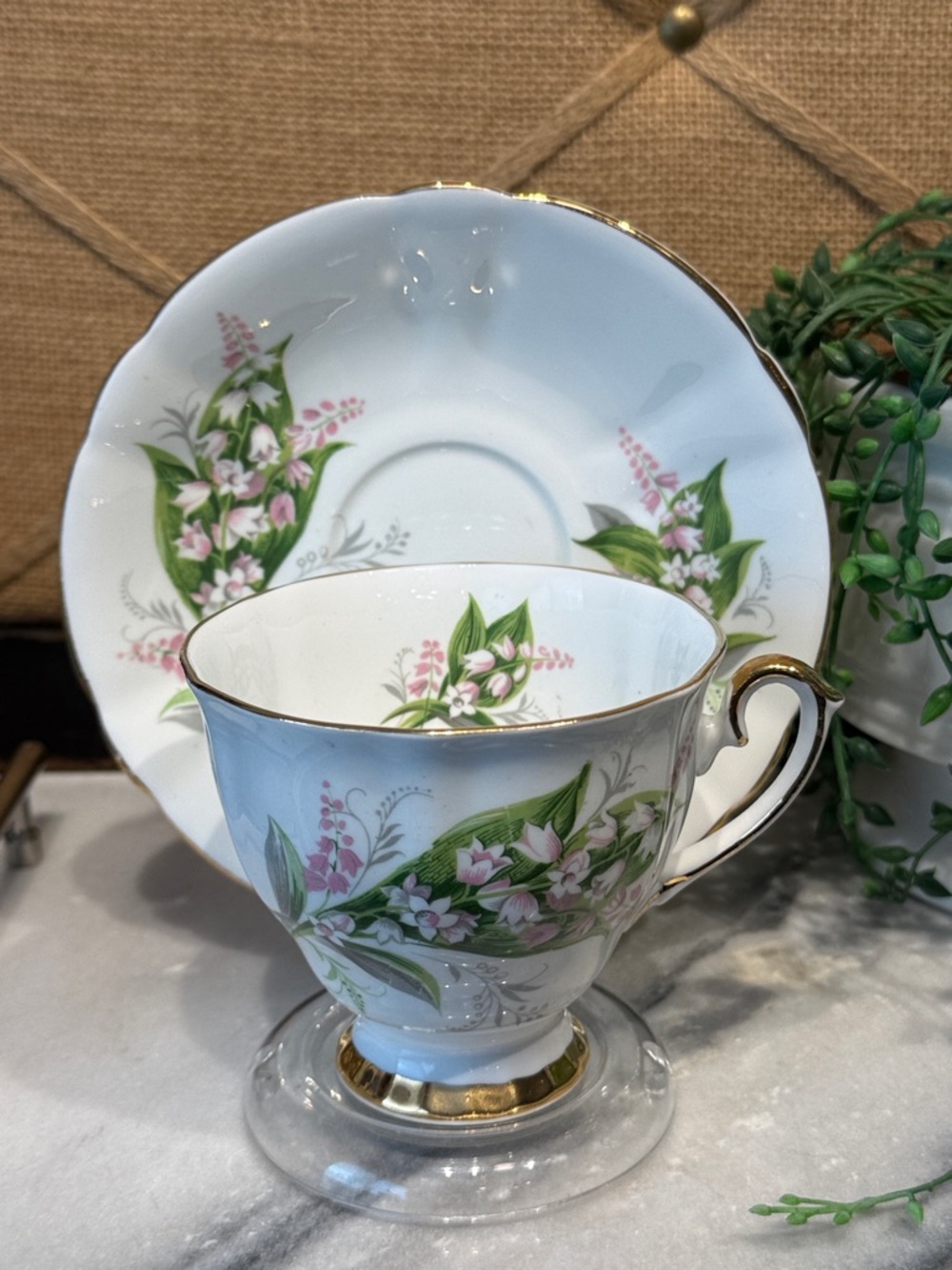 Society White Teacup and Saucer with Pink Floral and Green Leaves
